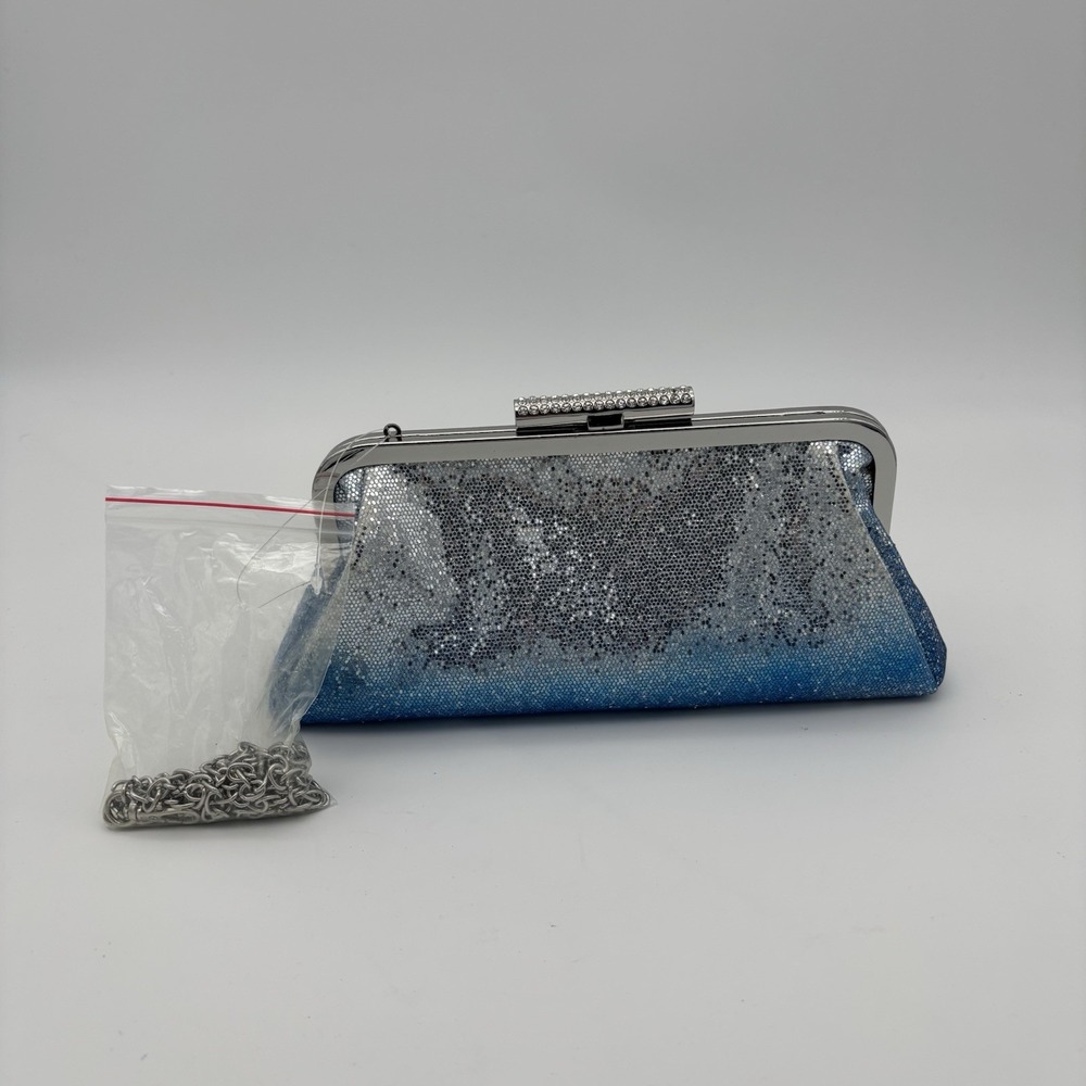 Charming Charlie Silver/Blue Glitter Clutch w/Clasp & Detachable Chain NEW 10x5